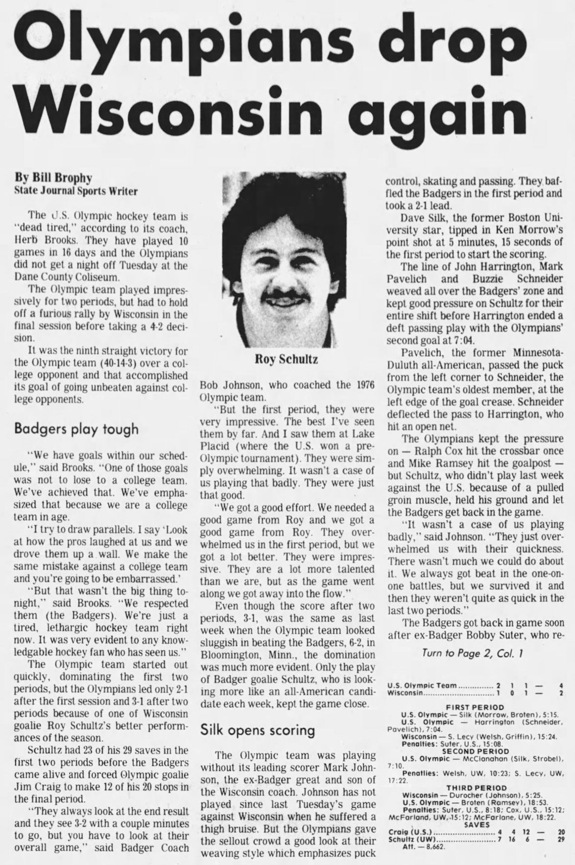 U.S. Olympic team 4, Badgers 2: Wisconsin State Journal game story, Jan. 23, 1980